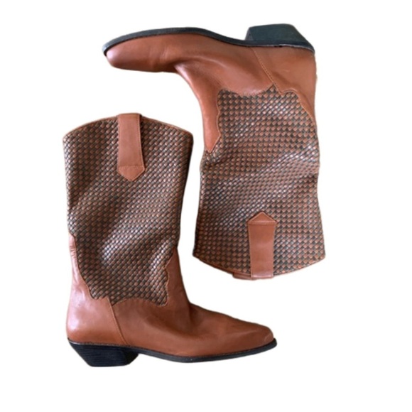 DINGO Brown & Grey Leather Cowboy Style Pull-On Boots Womens Size 7
